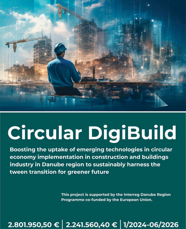 банер с информация за събитие Circular DigiBuild, мъж с каска гледа към насложени едно върху друго избражения на високи сгради, кранове и дигитални елементи