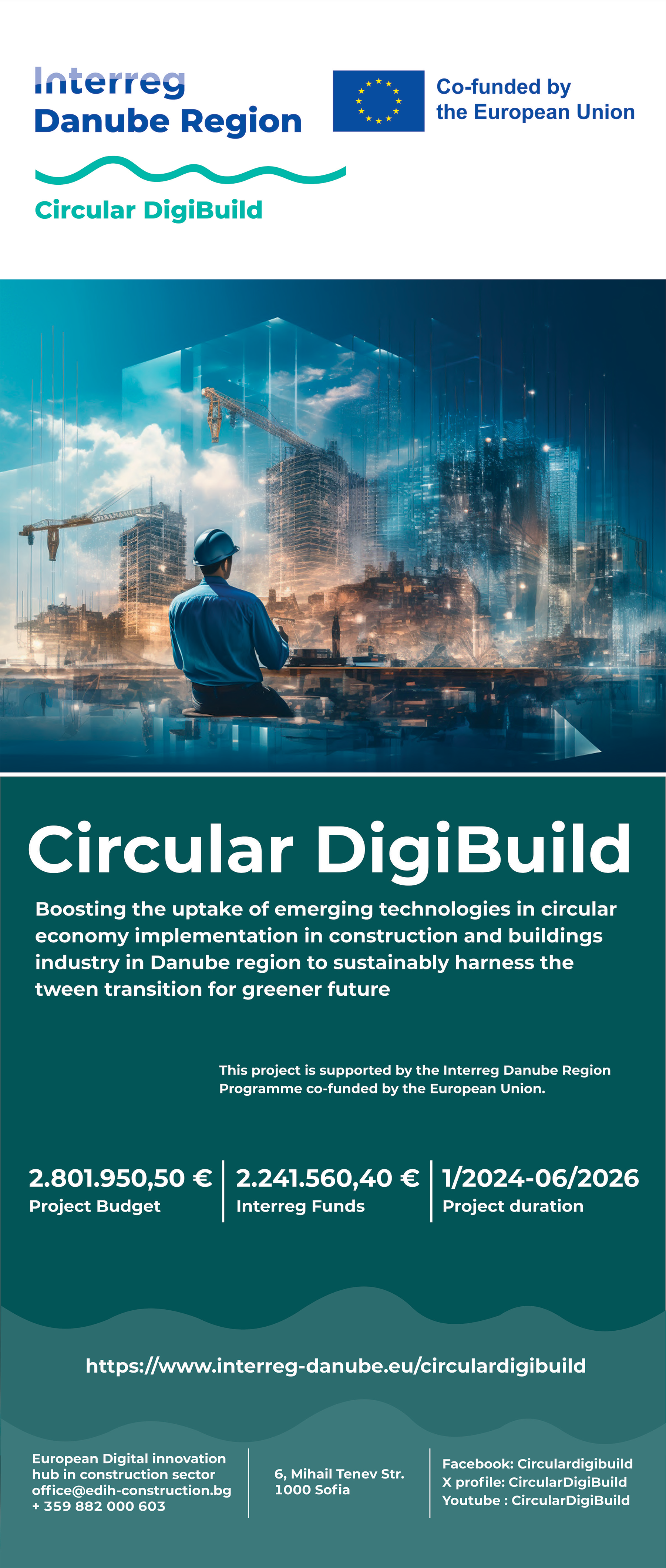 банер с информация за събитие Circular DigiBuild, мъж с каска гледа към насложени едно върху друго избражения на високи сгради, кранове и дигитални елементи