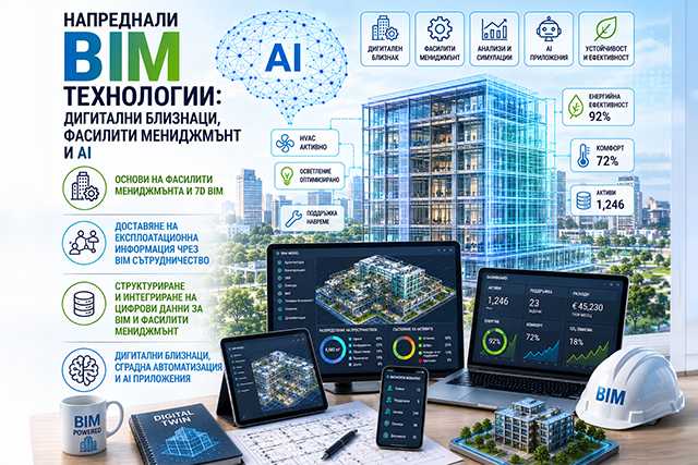 Банер на обучение Напреднали BIM технологии: дигитални близнаци, фасилити мениджмънт и AI
