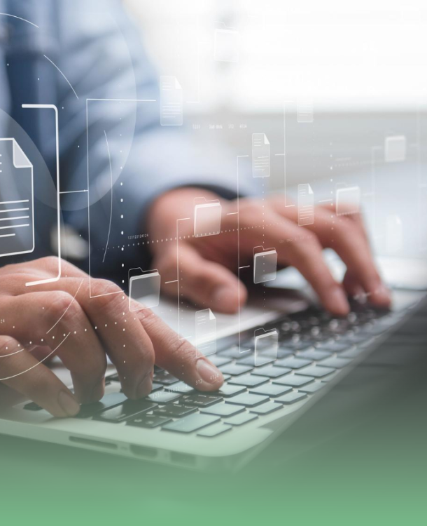 илюстрация на дигитално изкуство, показваща икона на документ и човек, който пише на клавиатура