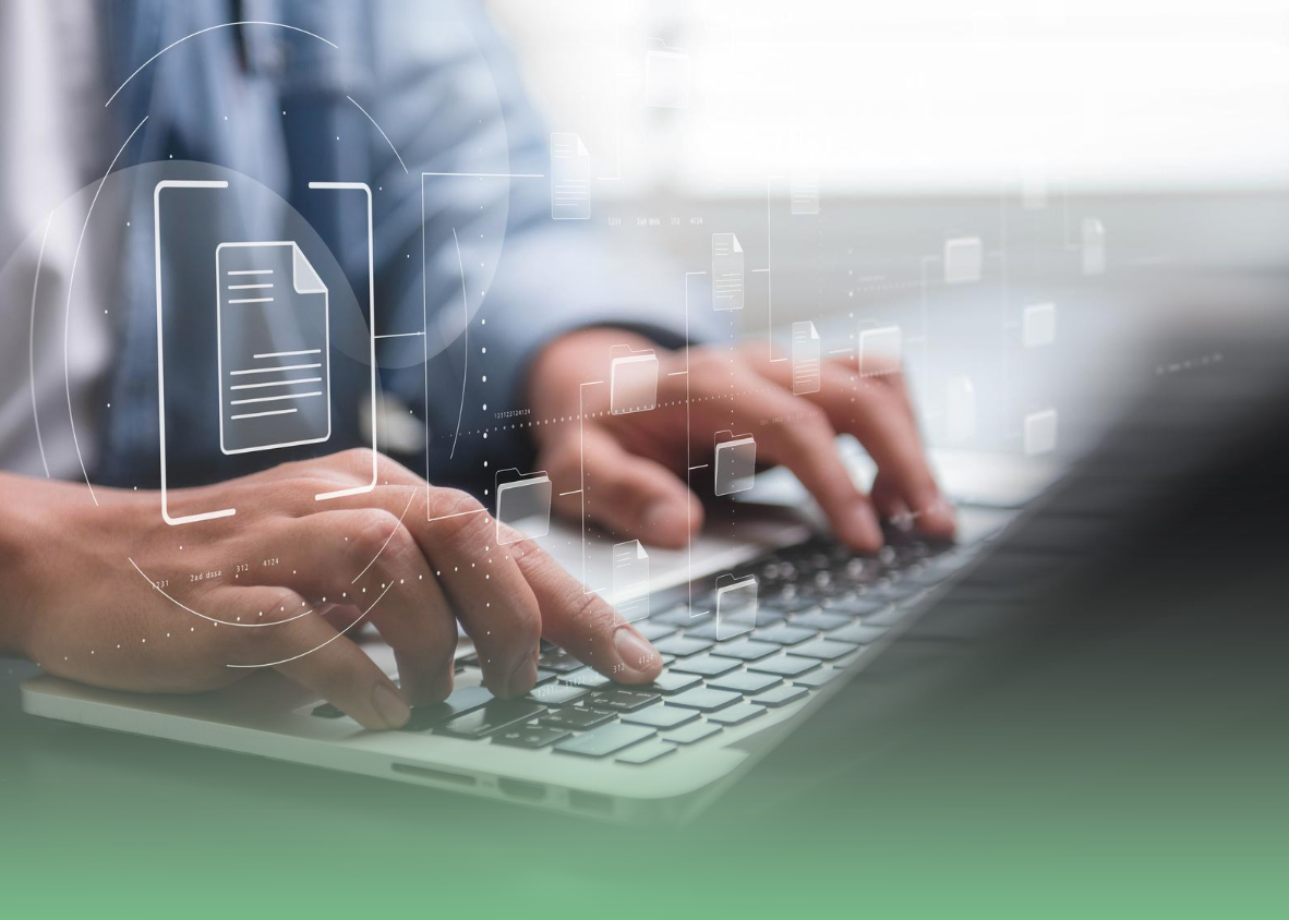 илюстрация на дигитално изкуство, показваща икона на документ и човек, който пише на клавиатура
