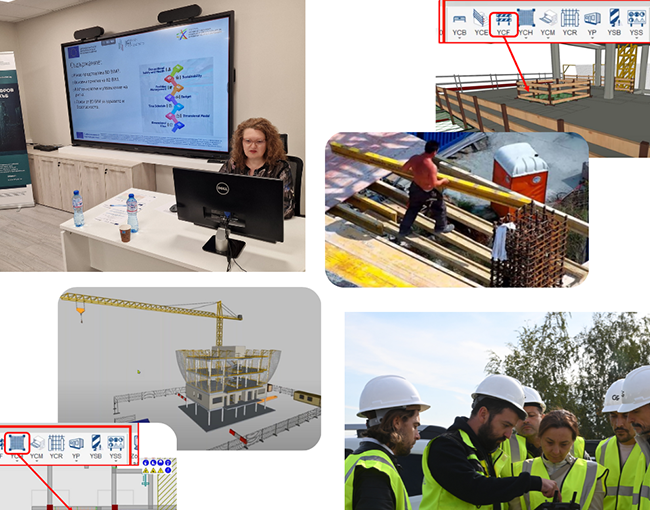 Колаж илюстриращ обучението 8D BIM. Осигуряване на безопасност и здраве на строителните обекти чрез 3D модели и моделиране на рискове