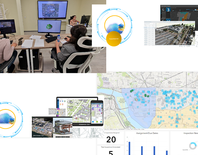 Колаж илюстриращ обучението Прилагане на ГИС за намаляване разходите за изграждане и експлоатация на инфраструктура