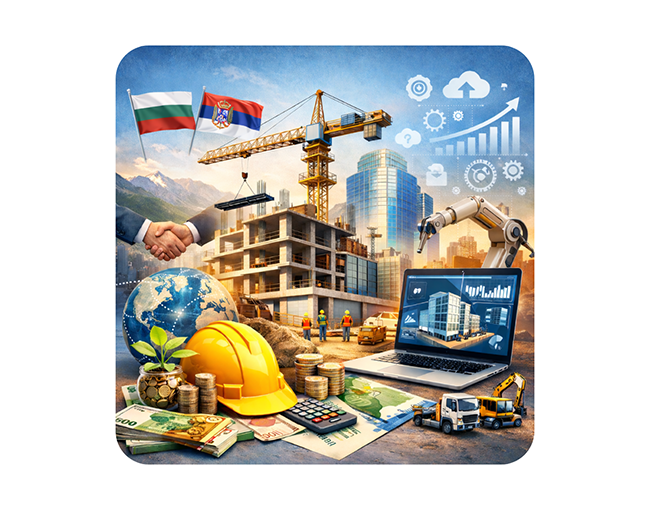 илюстрация визуализираща международни отношения между България и Сърбия с елементи от стрителството - каска, строеж, кран и др.