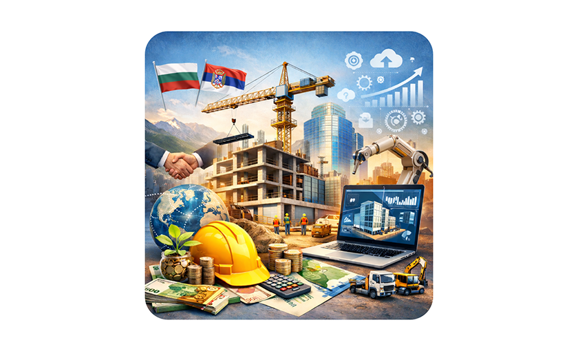 илюстрация визуализираща международни отношения между България и Сърбия с елементи от стрителството - каска, строеж, кран и др.