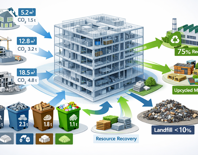 илюстрация визуализираща менижирането на различни видове отпадъци в строителството