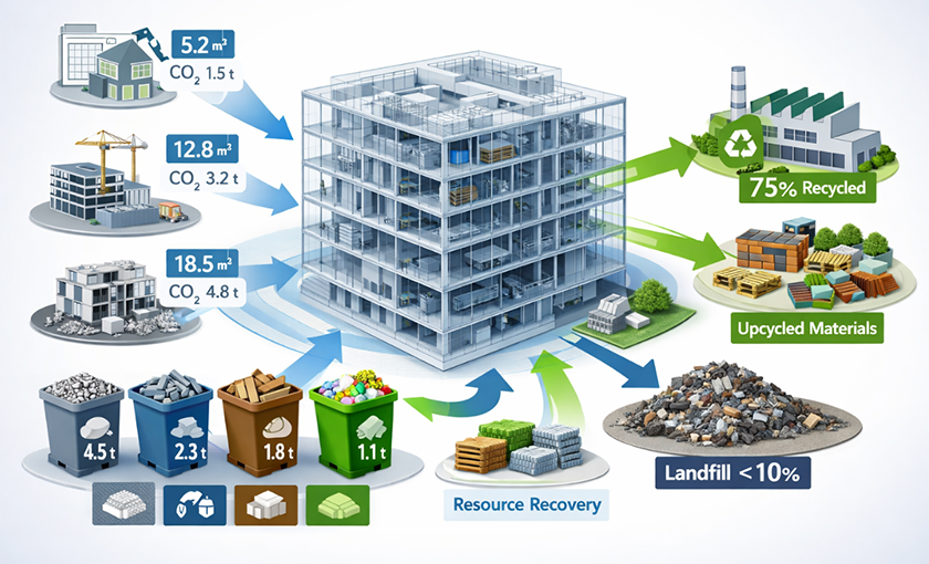 илюстрация визуализираща менижирането на различни видове отпадъци в строителството