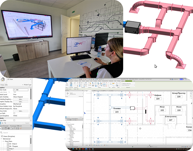 колаж илюстриращ елементи свързани с обучение по строително-информационно моделиране с AutoDesk Revit