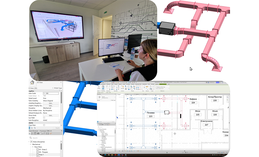 колаж илюстриращ елементи свързани с обучение по строително-информационно моделиране с AutoDesk Revit