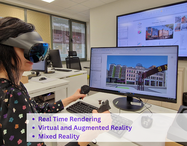 Жена, носеща очила за виртуална реалност и работеща на софтуер за архитектурно проектиране