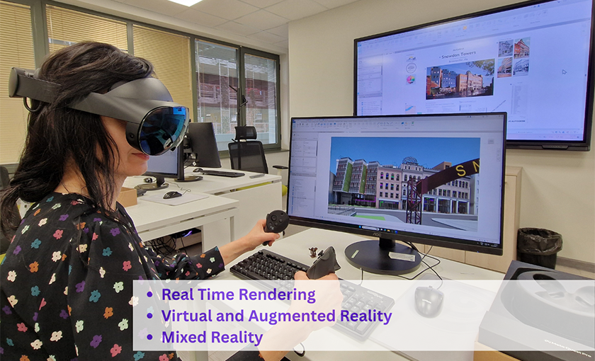 Жена, носеща очила за виртуална реалност и работеща на софтуер за архитектурно проектиране