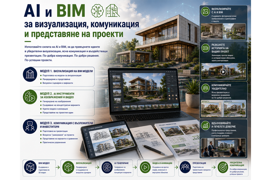 Банер на обучение AI и BIM за визуализация, комуникация и представяне на проекти