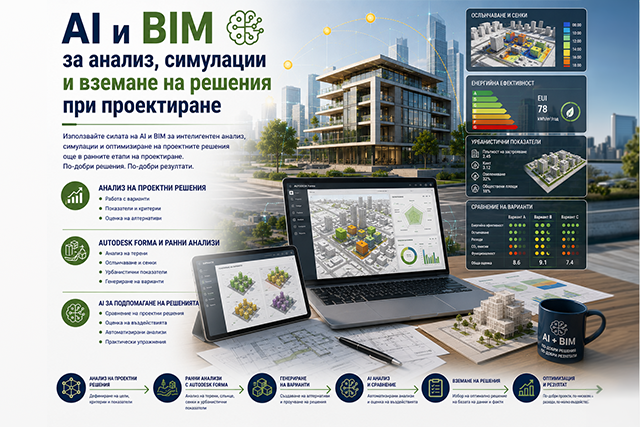 Банер на обучение AI и BIM за анализ, симулации и вземане на решения при проектиране