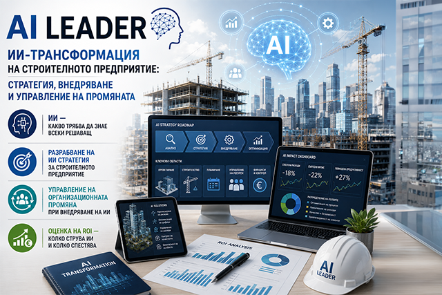 Банер на обучение AI LEADER: ИИ-трансформация на строителното предприятие: Стратегия, внедряване и управление на промяната
